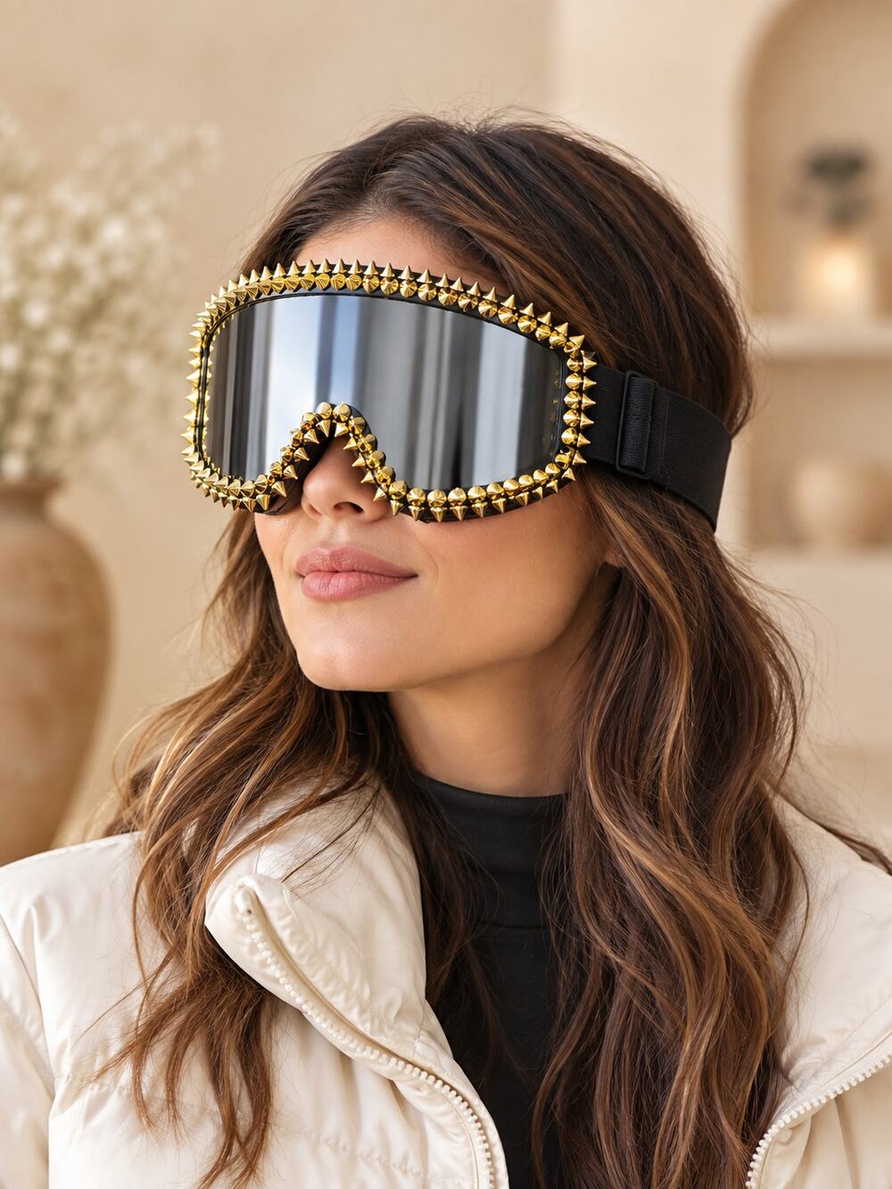 New Gold Rivet Studded Ski Goggles Punk Cyber Rave Costume Statement Glasses